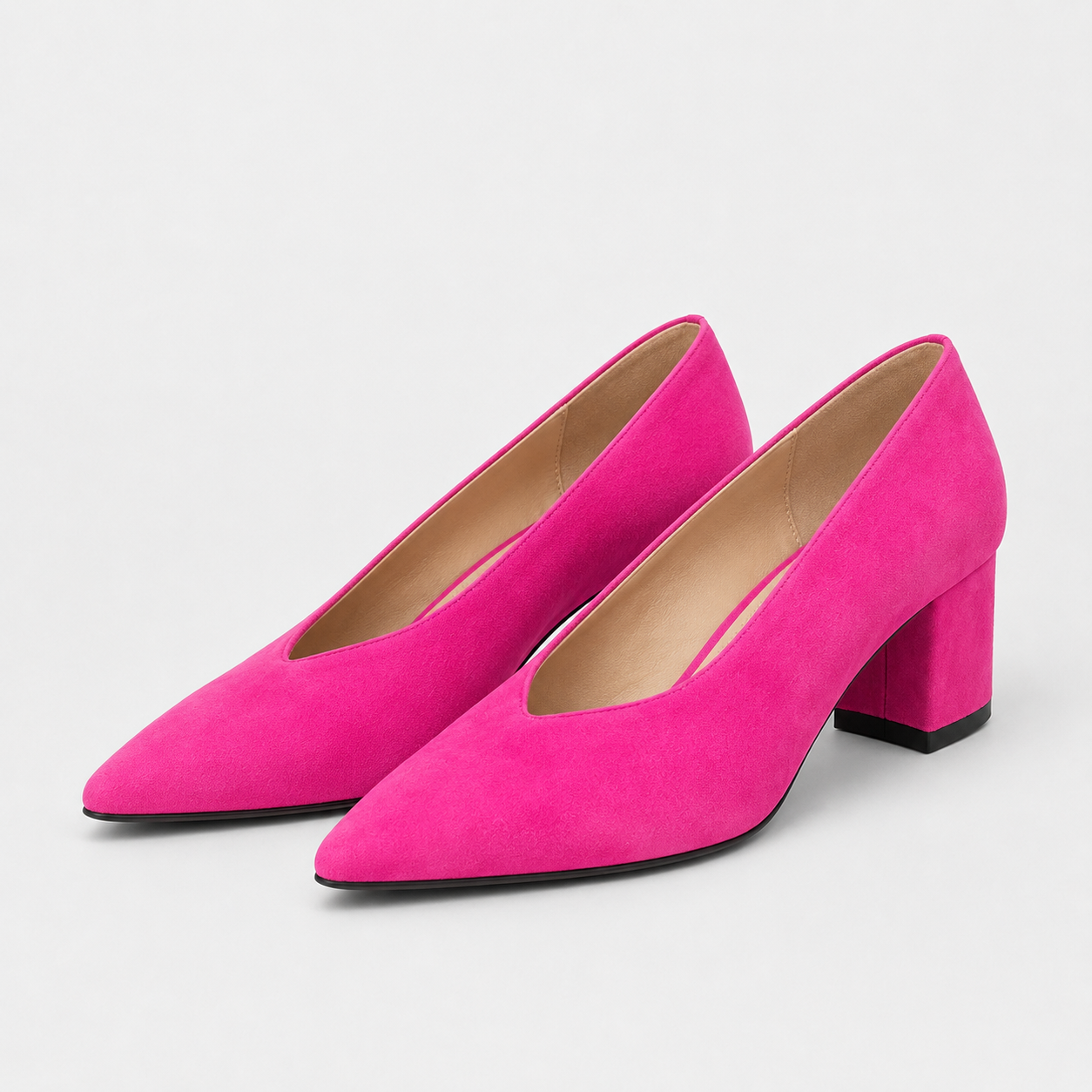 Pink Suede Block-Heel Pumps