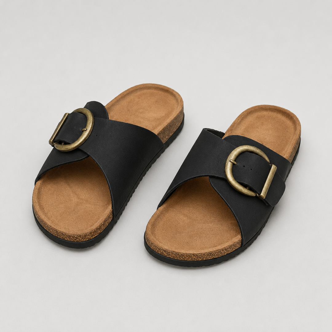 Black Buckle Cork Sandals