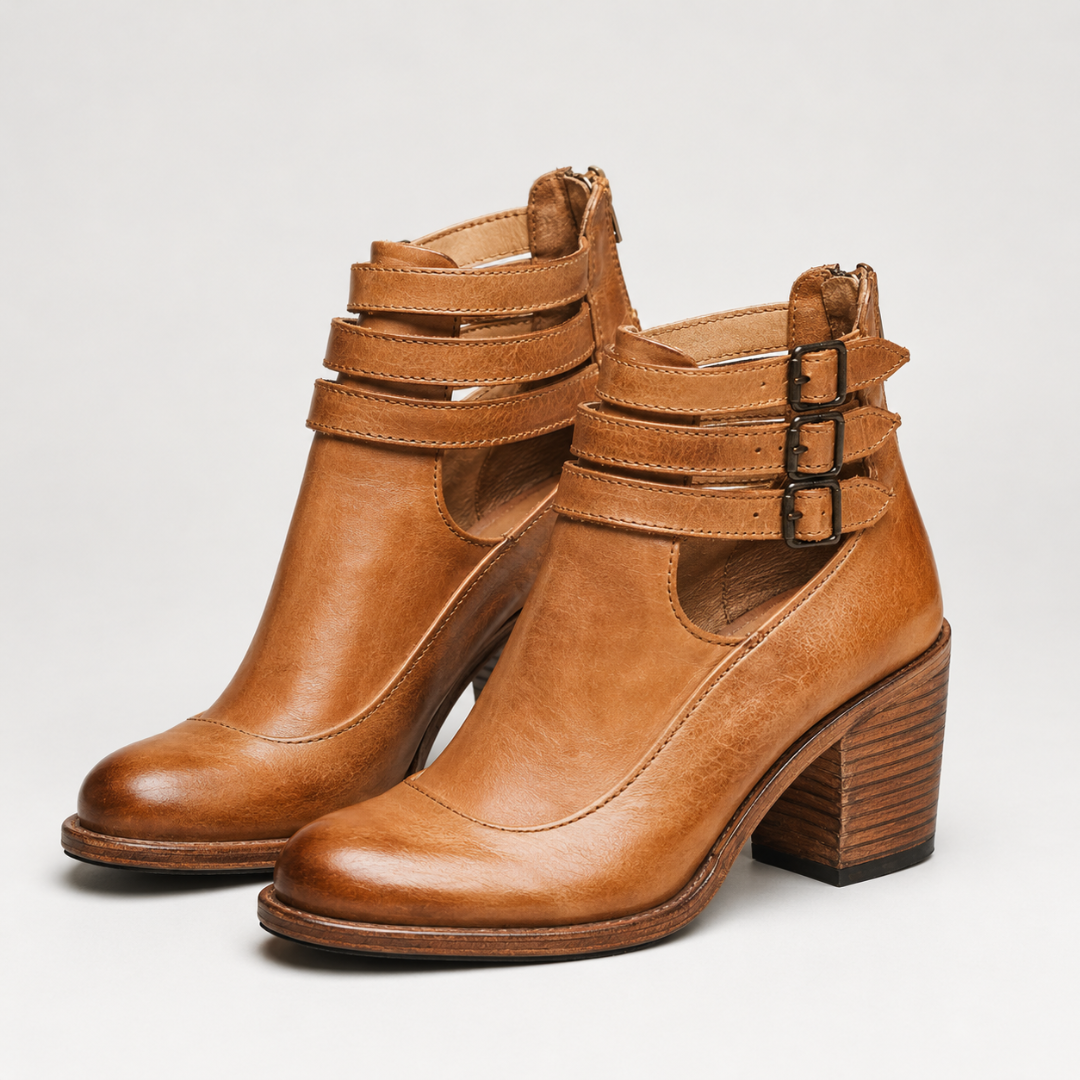 Tan Triple-Buckle Ankle Boots