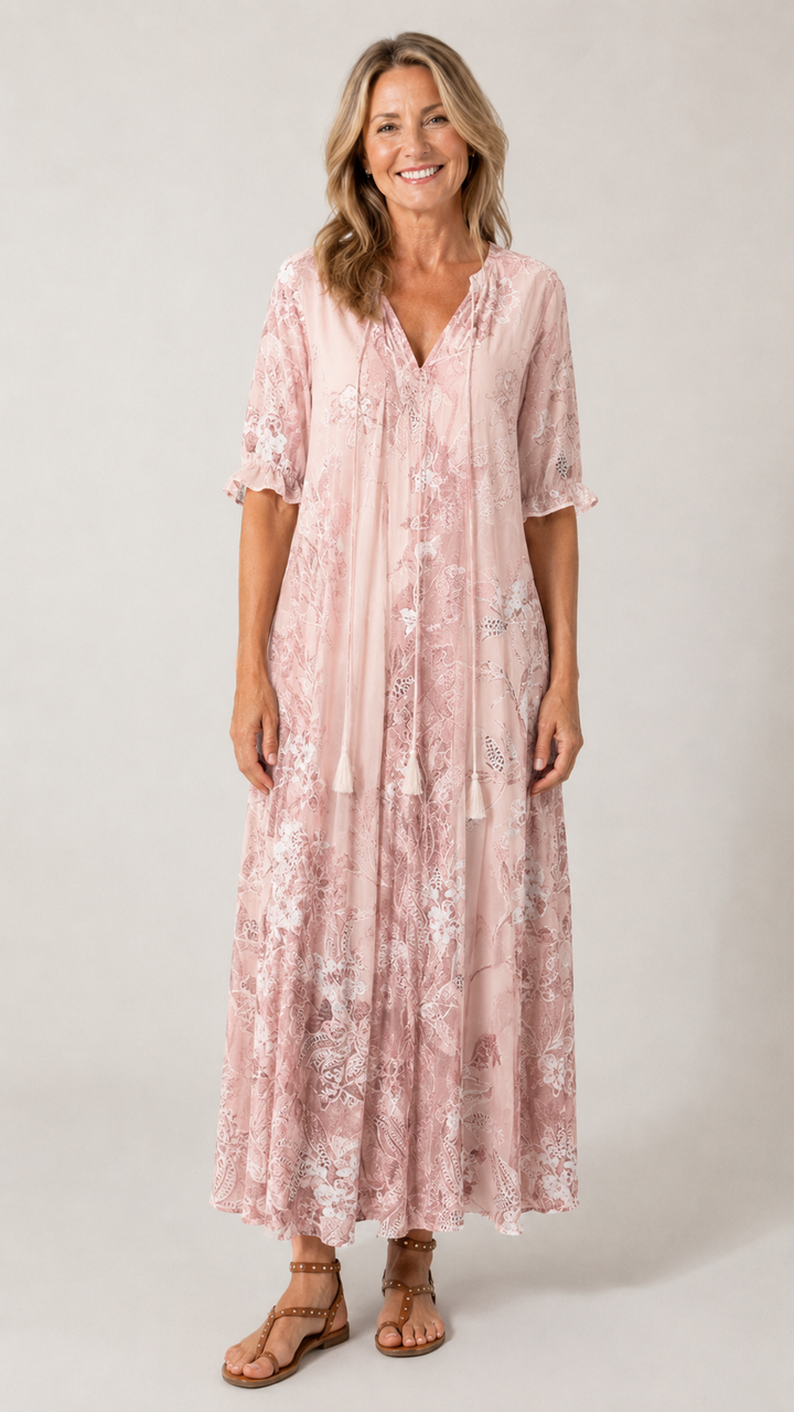 Floral V-Neck Maxi Dress with Tassel Tie