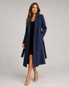 Elegant Navy Trench Coat for Women with Long Sleeve Belted Waist Longline Fall Style