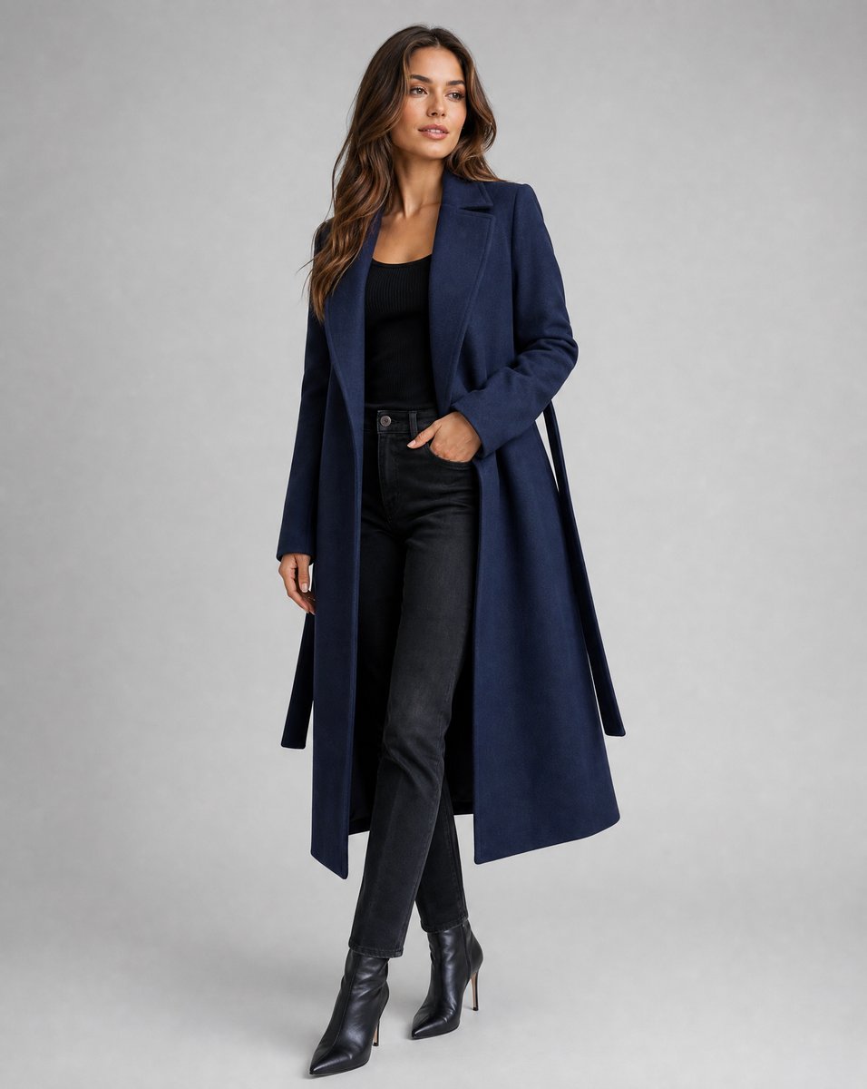 Elegant Navy Trench Coat for Women with Long Sleeve Belted Waist Longline Fall Style