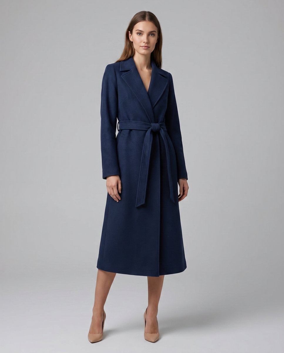 Elegant Navy Trench Coat for Women with Long Sleeve Belted Waist Longline Fall Style