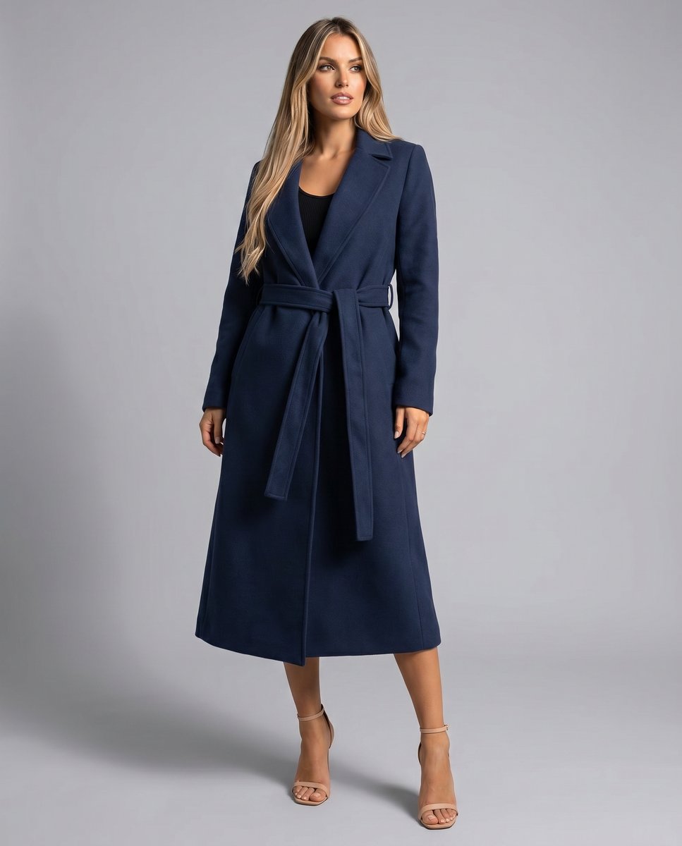 Elegant Navy Trench Coat for Women with Long Sleeve Belted Waist Longline Fall Style