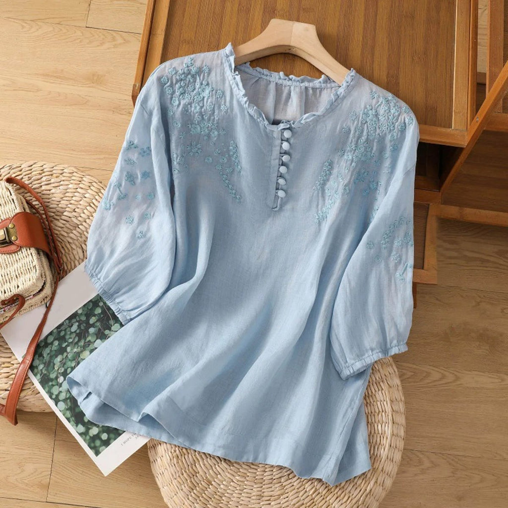 Effortless Cotton Blouses for Women with Round Neck Button Long Sleeve Relaxed Casual Style