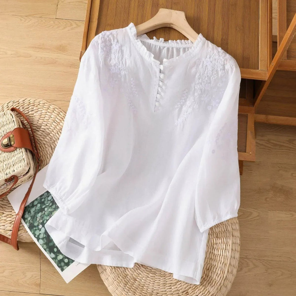Effortless Cotton Blouses for Women with Round Neck Button Long Sleeve Relaxed Casual Style