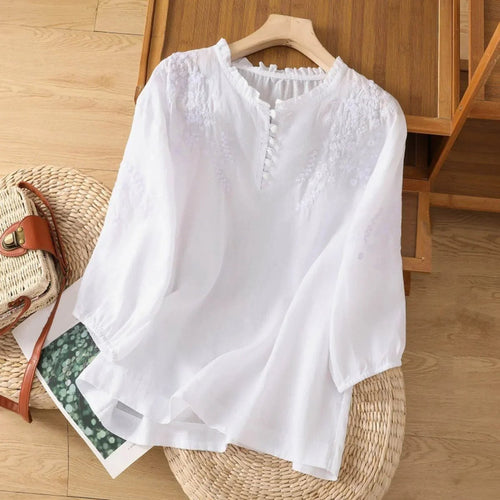 Effortless Cotton Blouses for Women with Round Neck Button Long Sleeve Relaxed Casual Style