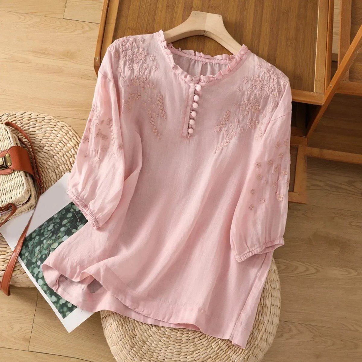 Effortless Cotton Blouses for Women with Round Neck Button Long Sleeve Relaxed Casual Style