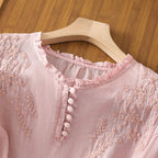 Effortless Cotton Blouses for Women with Round Neck Button Long Sleeve Relaxed Casual Style