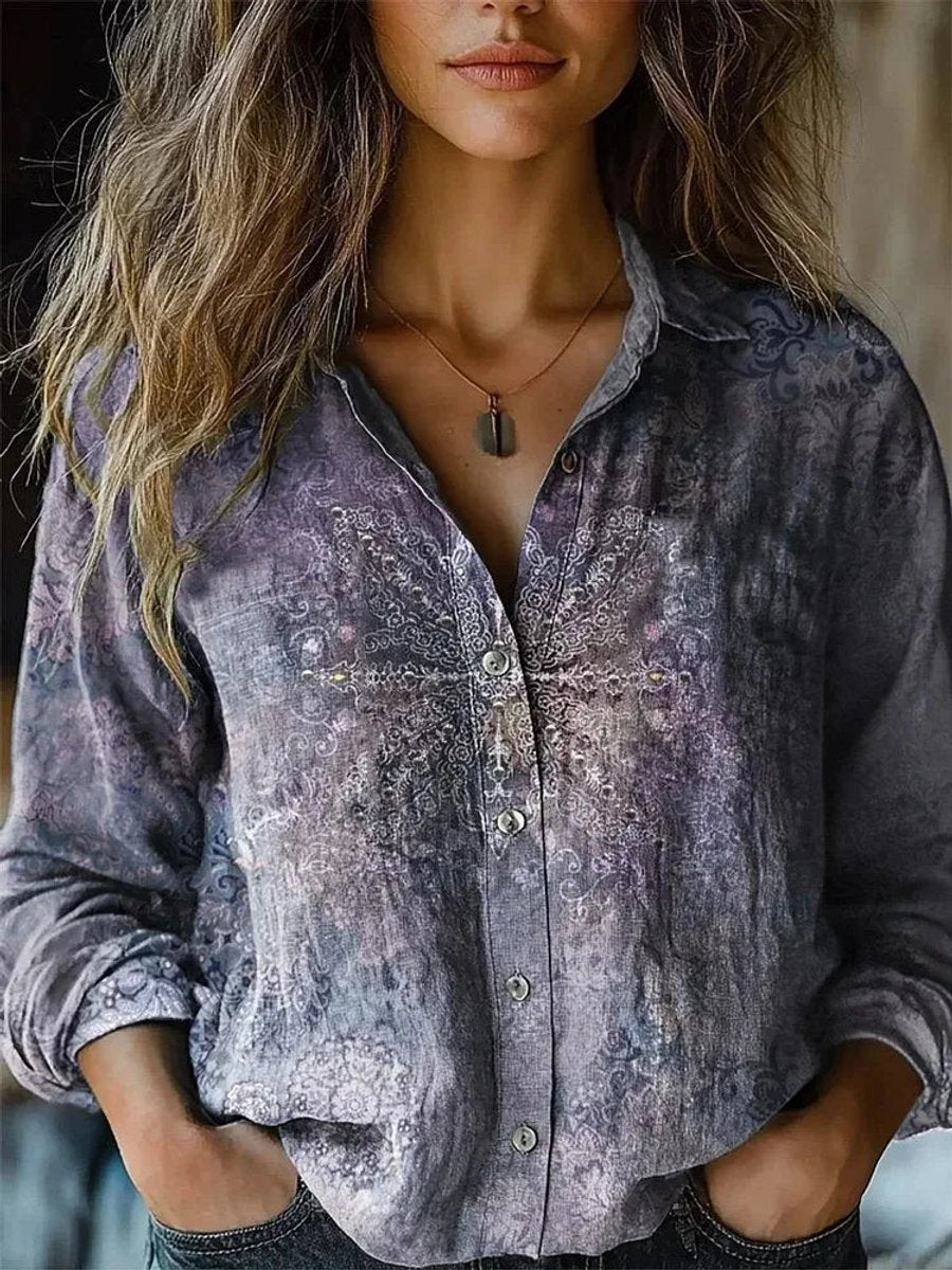 Effortless Floral Blouses for Women with Button Up Collar Long Sleeve Relaxed Boho Style