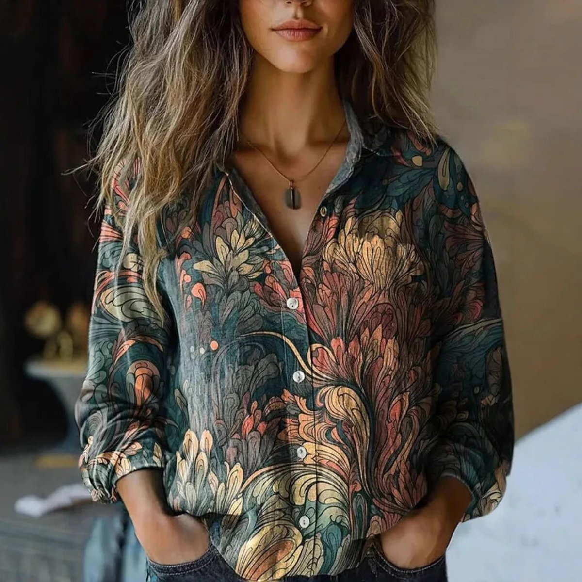 Effortless Floral Blouses for Women with Button Up Collar Long Sleeve Relaxed Boho Style