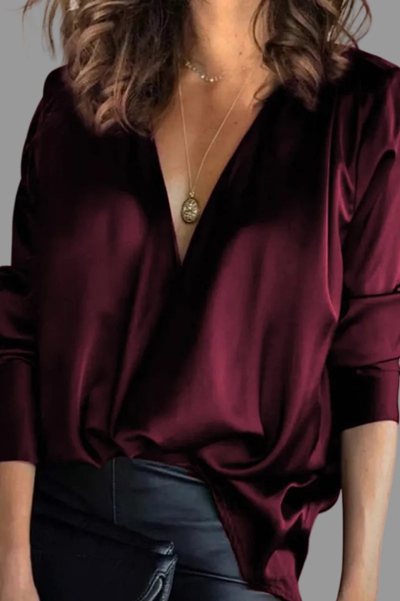 Elegant Satin Blouses for Women with V Neck Long Sleeve Relaxed Flowy Style