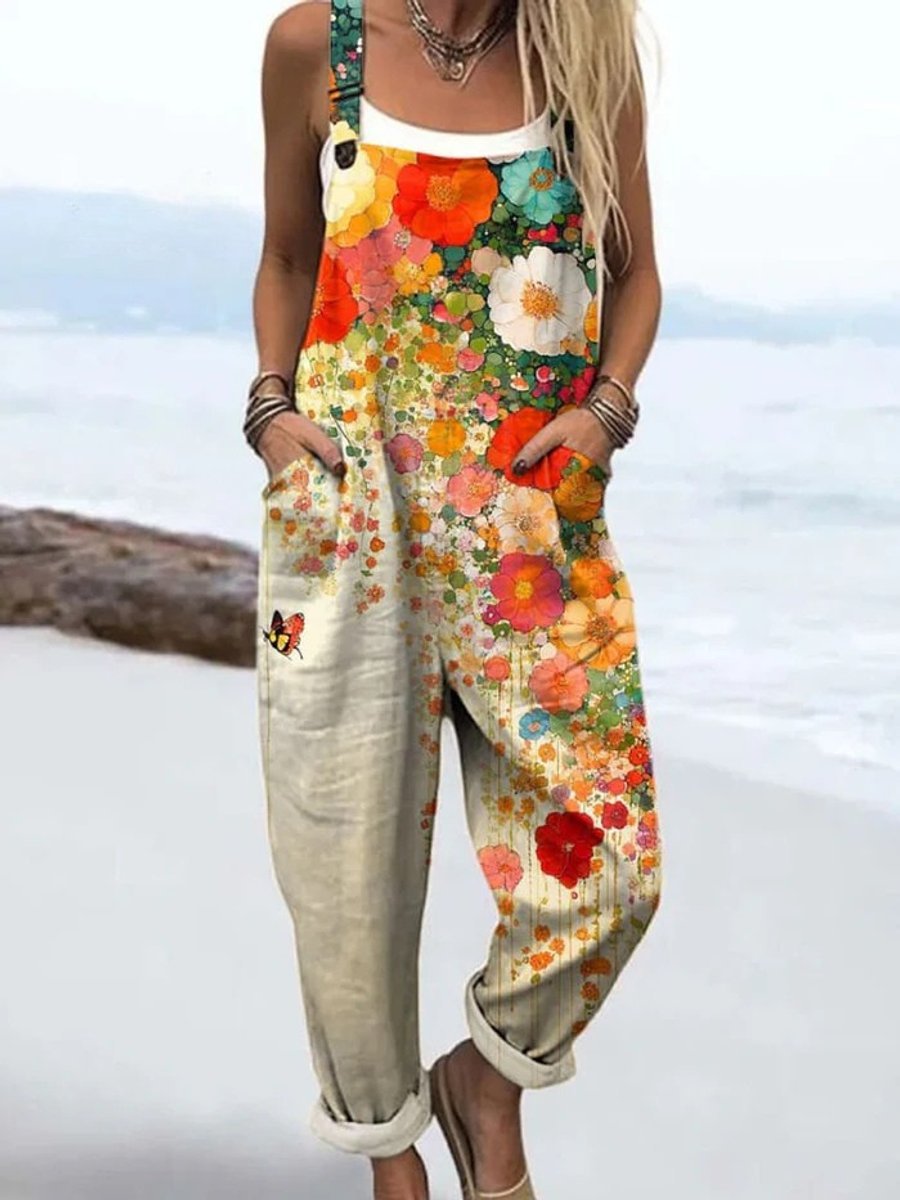 Effortless Floral Overall Jumpsuit for Women with Adjustable Strap Wide Leg Relaxed Boho Style