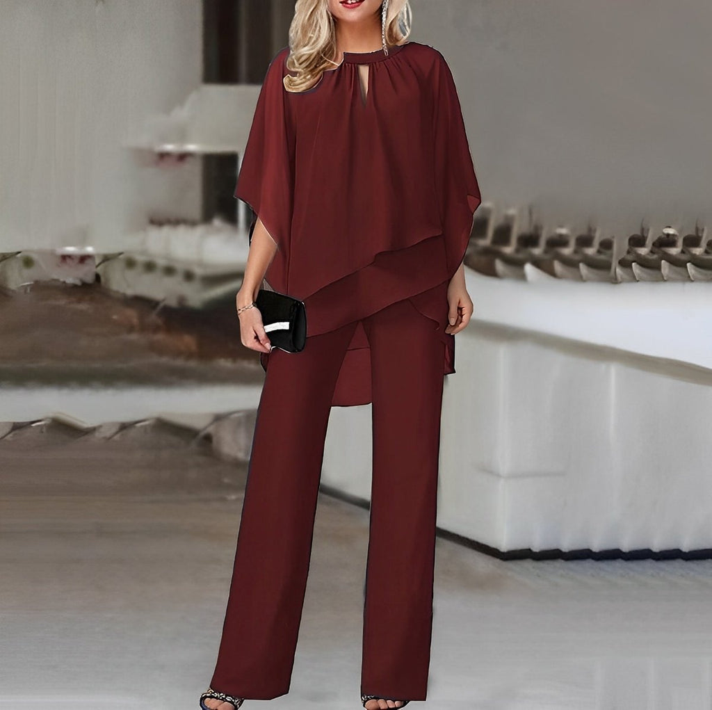 Elegant Two Piece Set for Women with Batwing Sleeve Blouse Wide Leg Pants Formal Wedding Guest Style