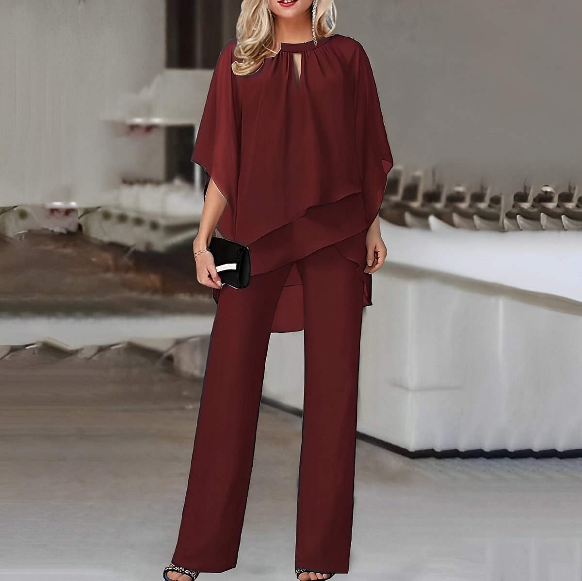 Elegant Two Piece Set for Women with Batwing Sleeve Blouse Wide Leg Pants Formal Wedding Guest Style