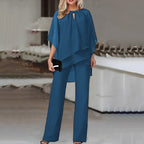 Elegant Two Piece Set for Women with Batwing Sleeve Blouse Wide Leg Pants Formal Wedding Guest Style