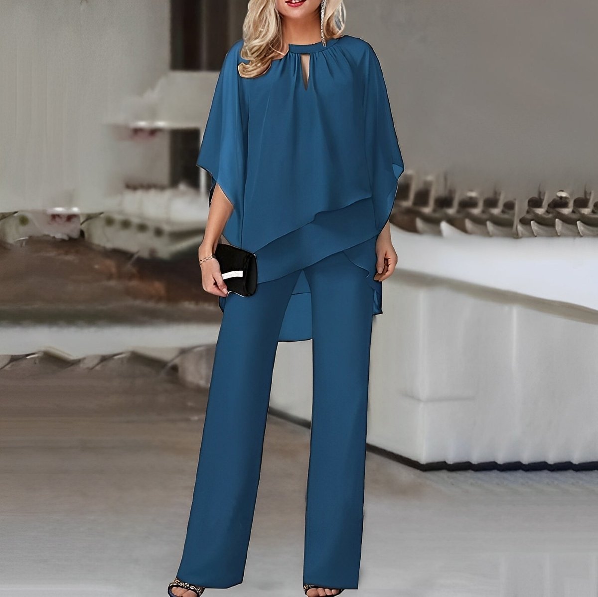 Elegant Two Piece Set for Women with Batwing Sleeve Blouse Wide Leg Pants Formal Wedding Guest Style