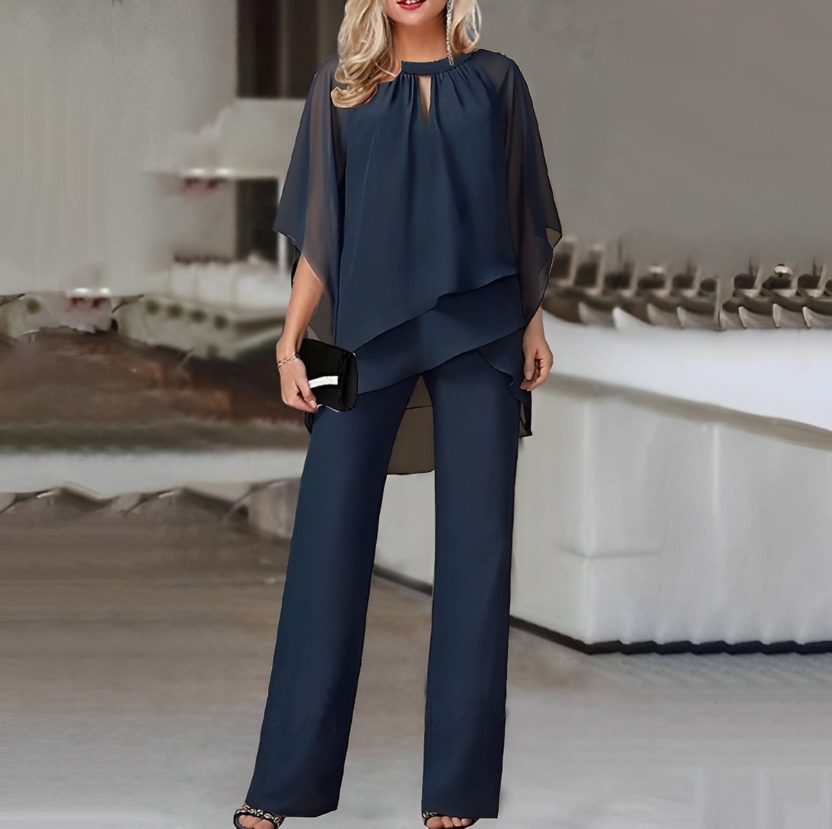Elegant Two Piece Set for Women with Batwing Sleeve Blouse Wide Leg Pants Formal Wedding Guest Style