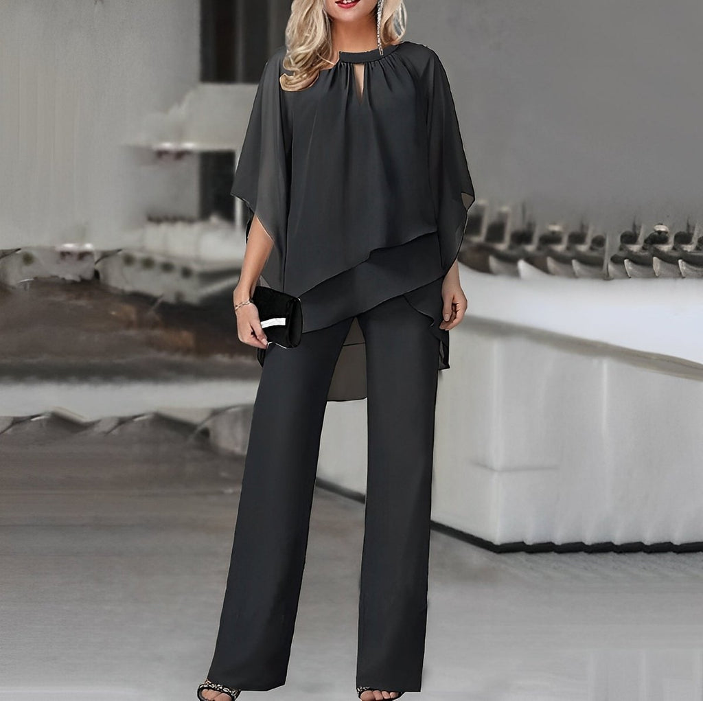Elegant Two Piece Set for Women with Batwing Sleeve Blouse Wide Leg Pants Formal Wedding Guest Style