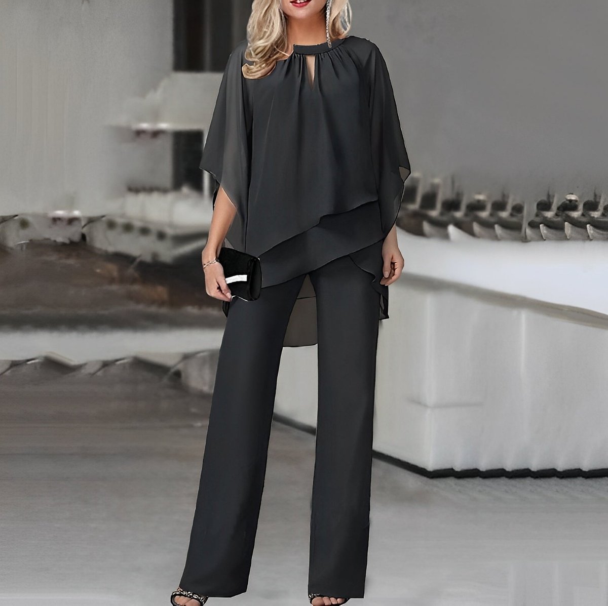 Elegant Two Piece Set for Women with Batwing Sleeve Blouse Wide Leg Pants Formal Wedding Guest Style