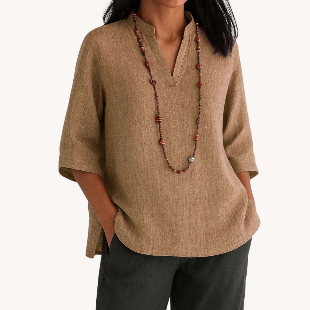 Effortless Linen Tunic Blouses for Women with V Neck Half Sleeve Relaxed Flowy Casual Style