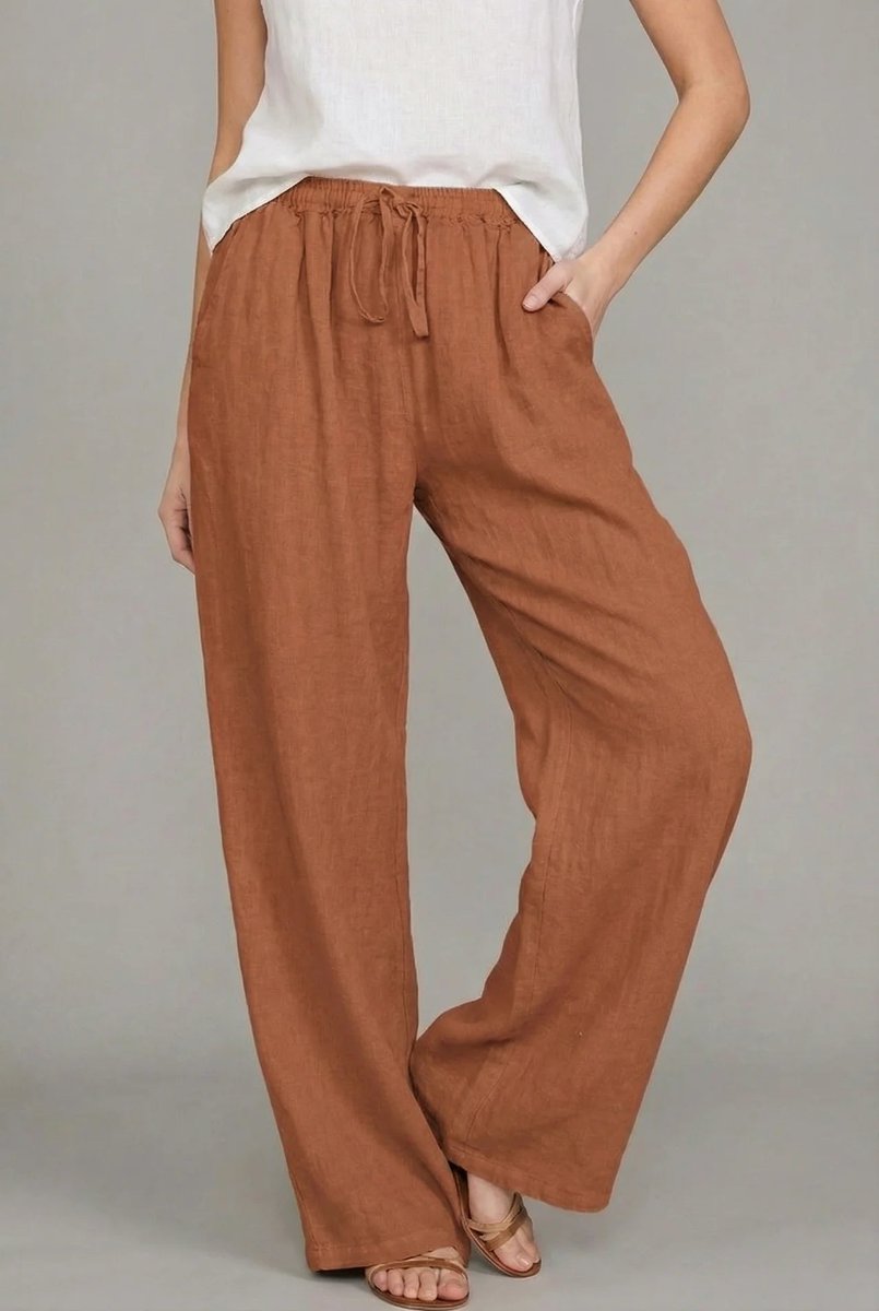 Effortless Linen Wide Leg Pants for Women with High Waist Drawstring Flowing Relaxed Casual Style