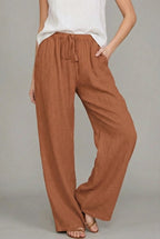 Effortless Linen Wide Leg Pants for Women with High Waist Drawstring Flowing Relaxed Casual Style