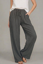 Effortless Linen Wide Leg Pants for Women with High Waist Drawstring Flowing Relaxed Casual Style