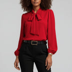 Elegant Bow Tie Neck Blouses for Women with Long Sleeve Button Up Business Casual Style