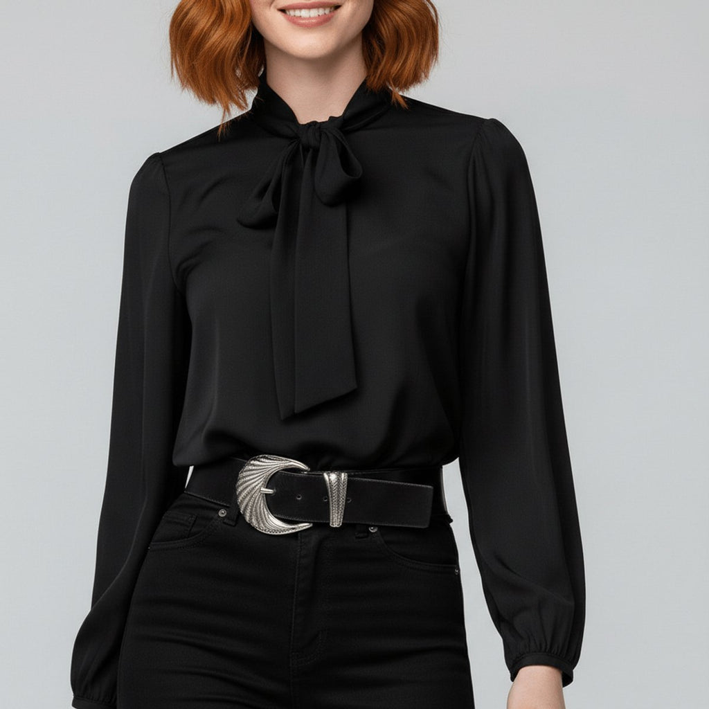 Elegant Bow Tie Neck Blouses for Women with Long Sleeve Button Up Business Casual Style