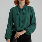 Elegant Bow Tie Neck Blouses for Women with Long Sleeve Button Up Business Casual Style