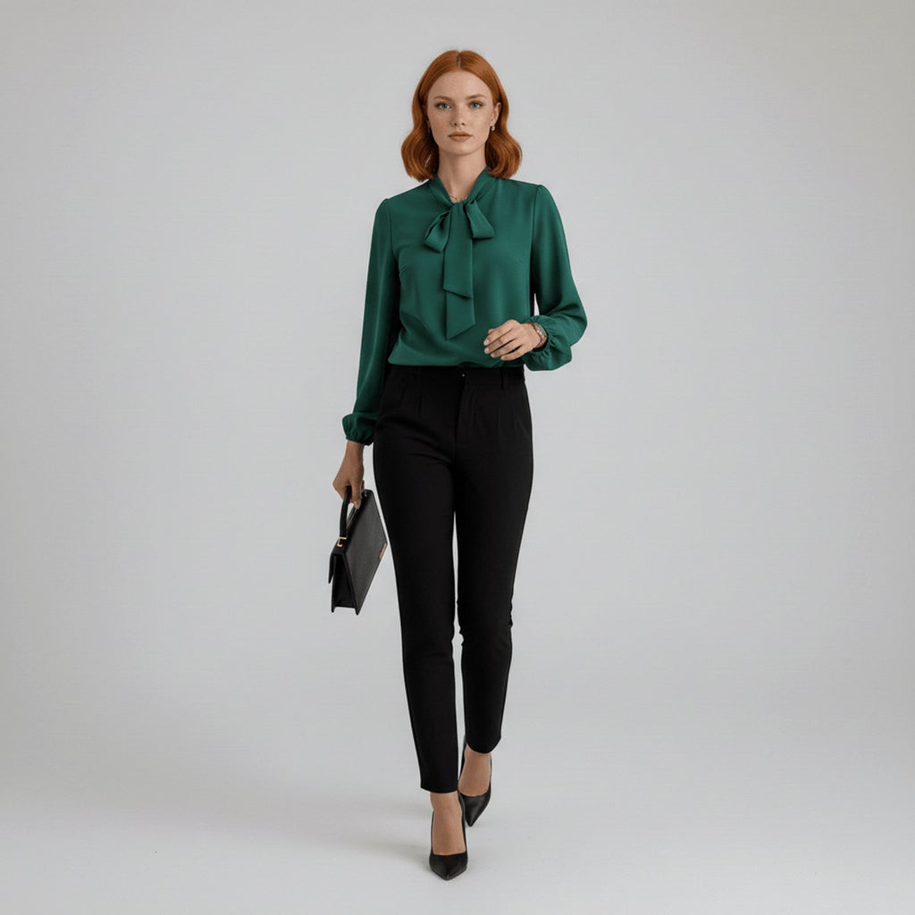 Elegant Bow Tie Neck Blouses for Women with Long Sleeve Button Up Business Casual Style