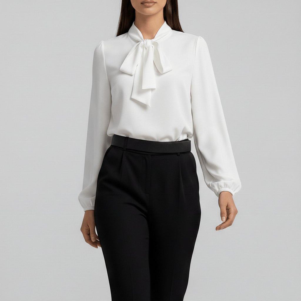 Elegant Bow Tie Neck Blouses for Women with Long Sleeve Button Up Business Casual Style