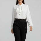 Elegant Bow Tie Neck Blouses for Women with Long Sleeve Button Up Business Casual Style