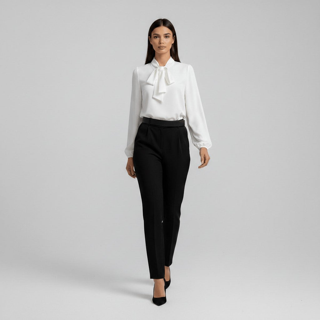 Elegant Bow Tie Neck Blouses for Women with Long Sleeve Button Up Business Casual Style