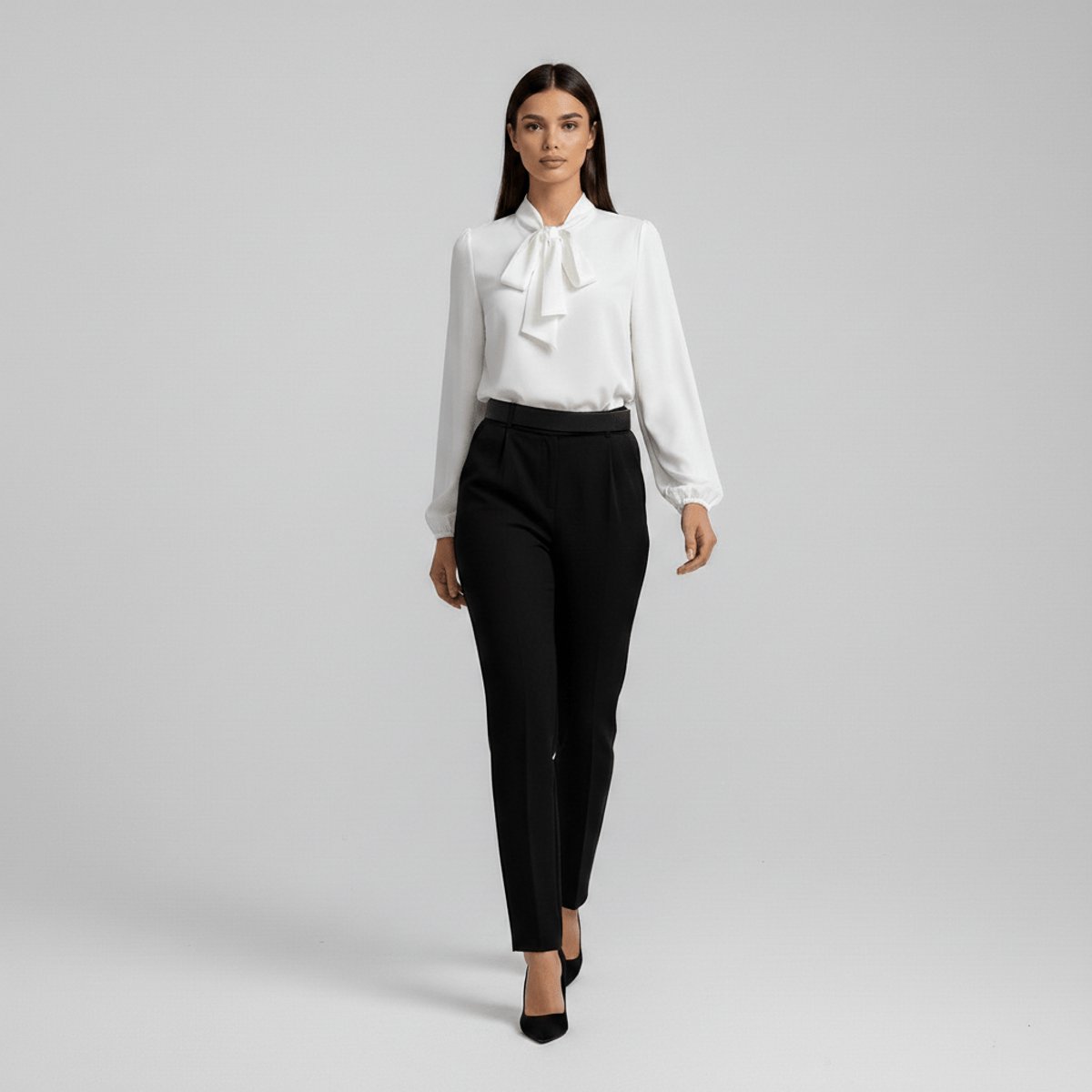 Elegant Bow Tie Neck Blouses for Women with Long Sleeve Button Up Business Casual Style