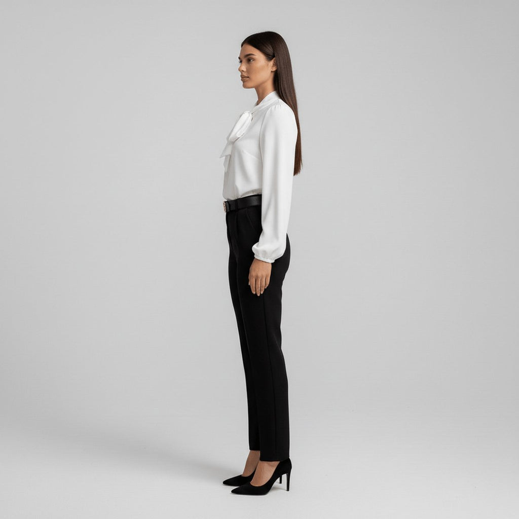 Elegant Bow Tie Neck Blouses for Women with Long Sleeve Button Up Business Casual Style