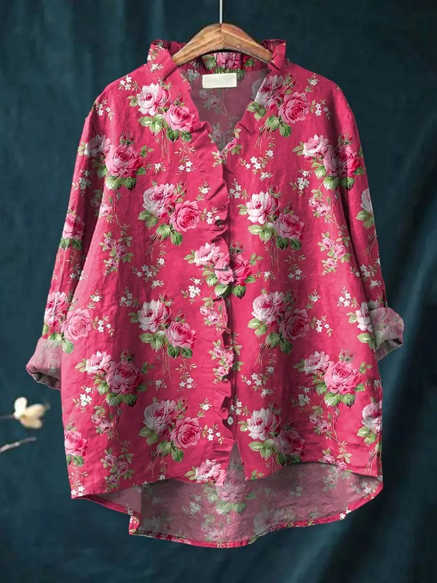 Effortless Pink Floral Blouses for Women with Button Up Collar Long Sleeve Relaxed Boho Style