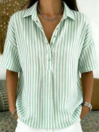 Effortless Striped Blouses for Women with Button Up Collar Short Sleeve V Neck Casual Style
