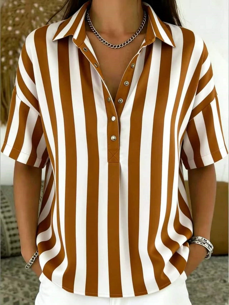 Effortless Striped Blouses for Women with Button Up Collar Short Sleeve V Neck Casual Style