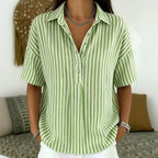 Effortless Striped Blouses for Women with Button Up Collar Short Sleeve V Neck Casual Style