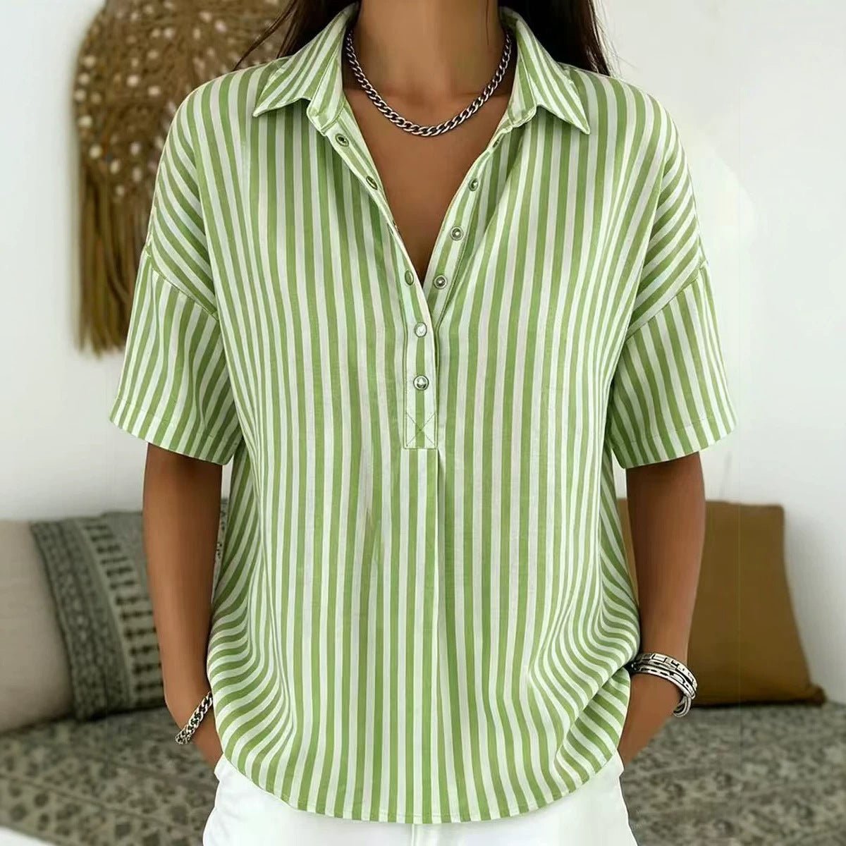 Effortless Striped Blouses for Women with Button Up Collar Short Sleeve V Neck Casual Style