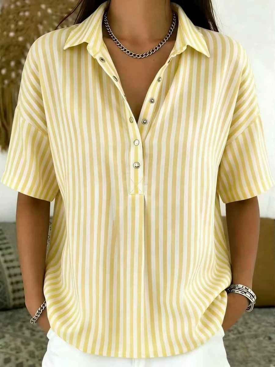 Effortless Striped Blouses for Women with Button Up Collar Short Sleeve V Neck Casual Style