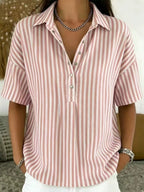Effortless Striped Blouses for Women with Button Up Collar Short Sleeve V Neck Casual Style