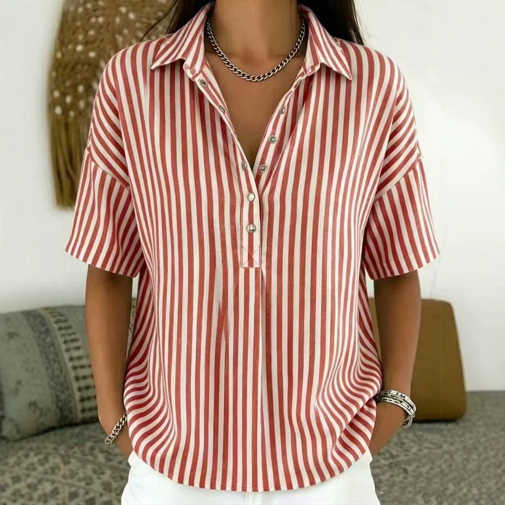Effortless Striped Blouses for Women with Button Up Collar Short Sleeve V Neck Casual Style