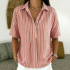 Effortless Striped Blouses for Women with Button Up Collar Short Sleeve V Neck Casual Style