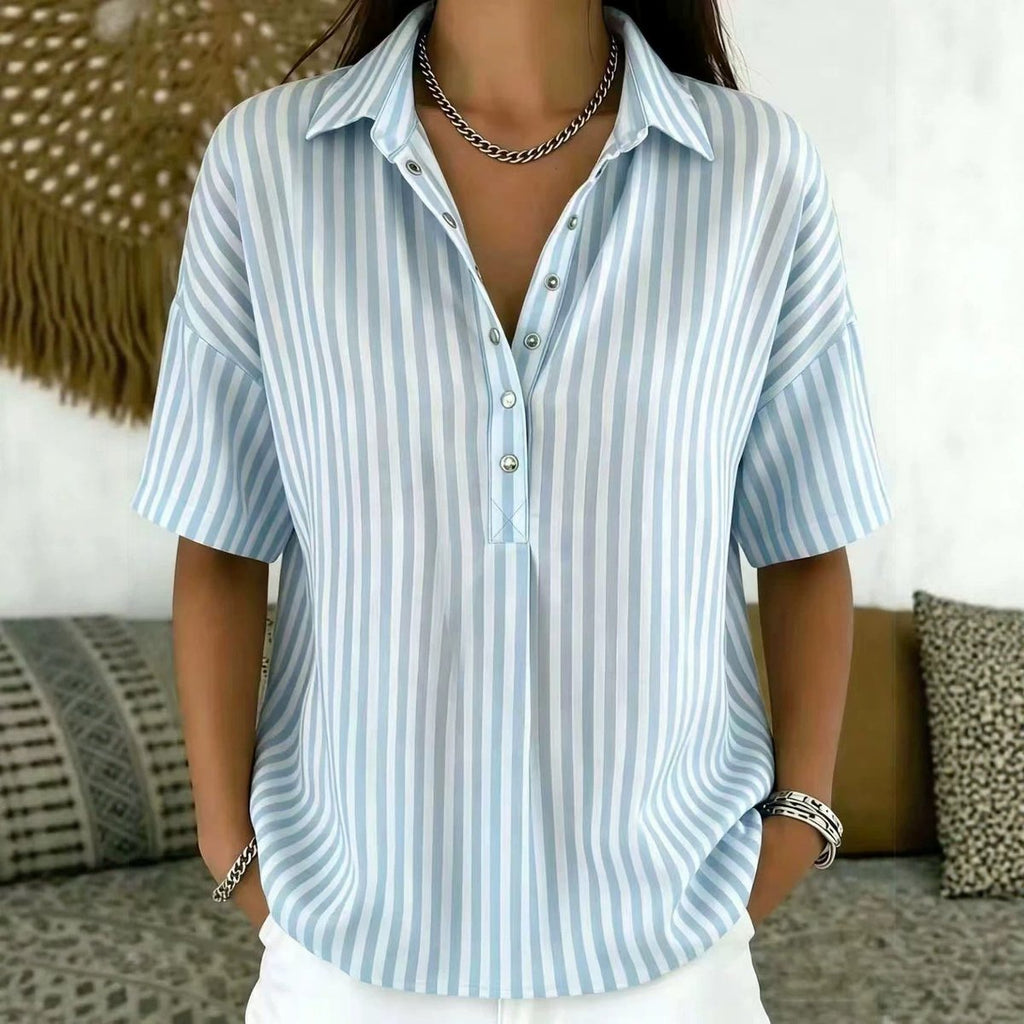 Effortless Striped Blouses for Women with Button Up Collar Short Sleeve V Neck Casual Style