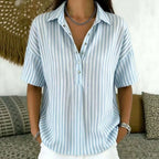 Effortless Striped Blouses for Women with Button Up Collar Short Sleeve V Neck Casual Style