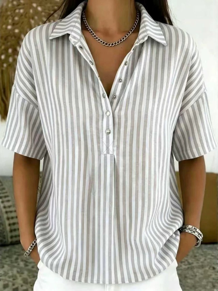 Effortless Striped Blouses for Women with Button Up Collar Short Sleeve V Neck Casual Style