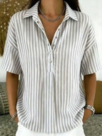 Effortless Striped Blouses for Women with Button Up Collar Short Sleeve V Neck Casual Style